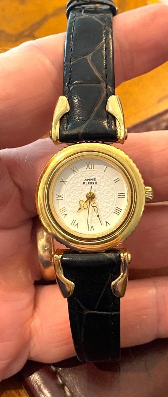 Women's 27mm Gold Tone Anne Klein II Watch, Leather Band, Relief Pattern Face